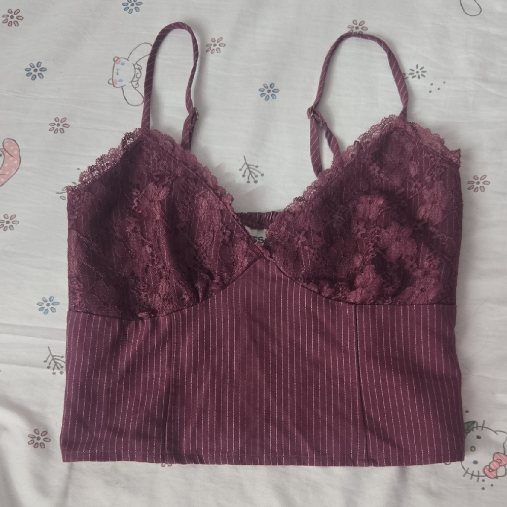 No Boundaries Plum Lace Pinstripe Crop Tank